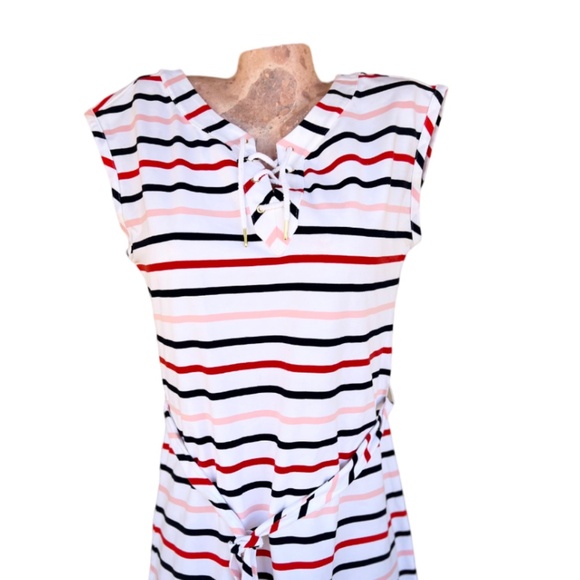 Multi-Color Horizontal Stripe Shift Dress Adjustable Belt - Picture 4 of 11